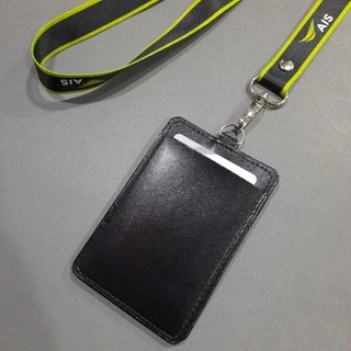 สายคล้องบัตร AIS สายใหญ่สีดำเขียว พร้อมซองหนังใส่บัตร Taladcard