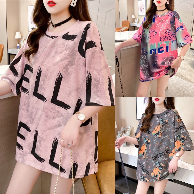 【Plus Size】เสื้อยืดคอกลม แขนสั้น ทรงหลวม โอเวอร์ไซซ์ 150 กก. สีมัดย้อม แฟชั่นฤดูร้อน สําหรับผู้หญิง (8 สี)