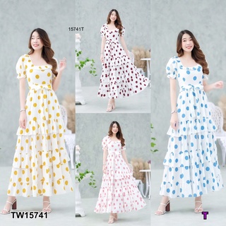 J15741 แม็กซี่เดรส ลายจุดใหญ่ กระโปรงระบายชั้น ผูกเอว Maxi dress with big polka dots, ruffled skirt, waist tie