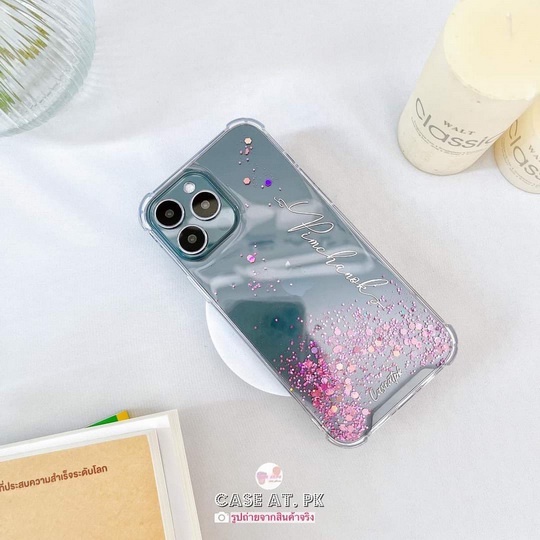 เคสสลักชื่อ เคสใสกากเพชรชมพู กลิตเตอร์  i13 pro max s22 ultra note20 a53 a73 reno7 v23 เคสกันกระแทก