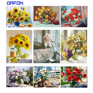 【ORFON】ภาพวาดปักครอสสติตช์ ตามตัวเลข บนผ้าใบ รูปแจกันดอกไม้ สําหรับตกแต่งบ้าน