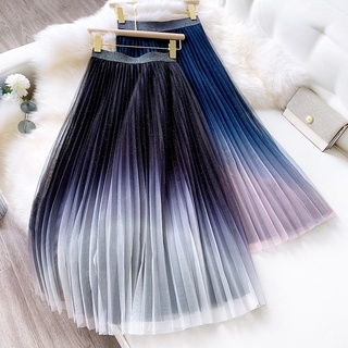 Star gradient screen skirt for women spring glitter pink screen pleated skirt fairy slim A-line skirt