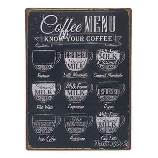 ป้ายสังกะสีวินเทจ Coffee Menu Know Your Coffee (ปั๊มนูน), ขนาด 30x40 ซม