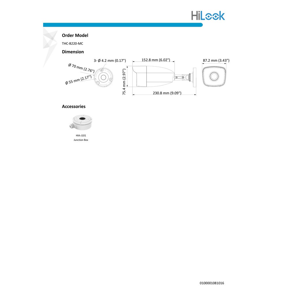[ประกันศูนย์ไทย 3ปี] HiLook กล้องวงจรปิด 1080P THC-B220-MC (3.6MM,2.8MM) 40mm IR, 4 ระบบ : HDTVI, HDCVI, AHD, ANALOG