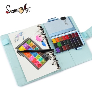 Seamiart ชุดแผ่นเมโม่สีน้ํา 24 สี พร้อมแปรงปากกาโลหะ 1 ชิ้น