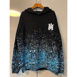 AMIRI LOGO PRINT CRYSTAL EMBELLISHED PAINT SPLATTERED COTTON JERSEY LONG SLEEVE HOODIE IN BLACK เสื้อฮู้ดดี้ เอมิริ