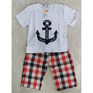 set เสื้อ+กางเกง ลายสมอ เสื้อสีขาว กางเกงลายสก๊อต size 140