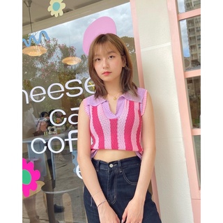 chuuchop_พร้อมส่ง(C7861)🧸🥣🌷Jemma candy shirt เสื้อเชิ้ตคอปกไหมพรม ลายทางสีชมพู