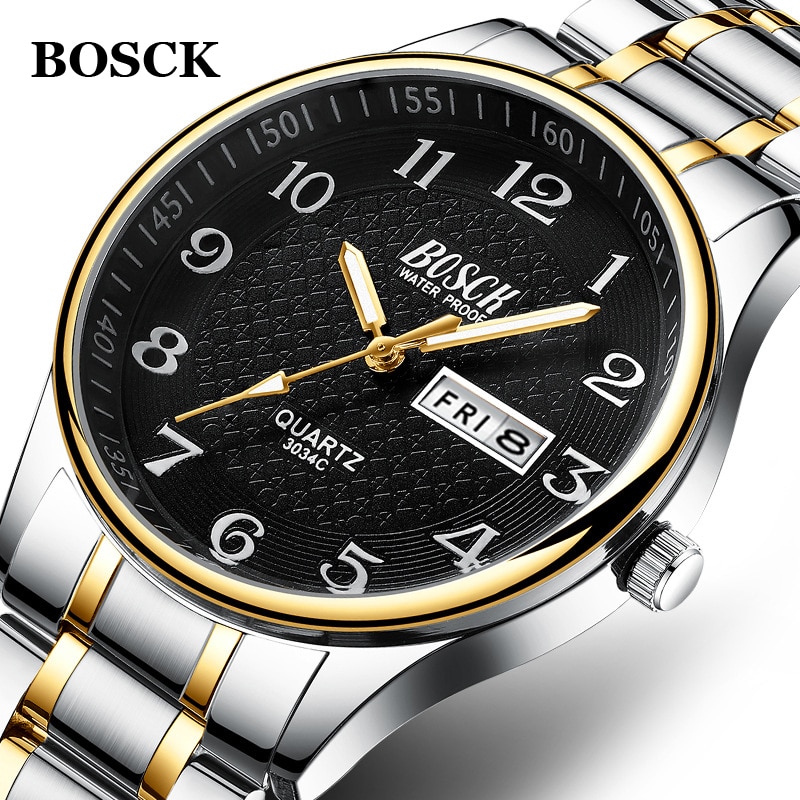 BOSCK นาฬิกาข้อมือควอตซ์ แบบเหล็กคุณภาพสูง แสดงวันที่และเวลา กันน้ำ สไตล์หรูหรา แฟชั่นธุรกิจ รุ่นอัปเกรดใหม่ ของขวัญสำหรับผู้ชาย 2021