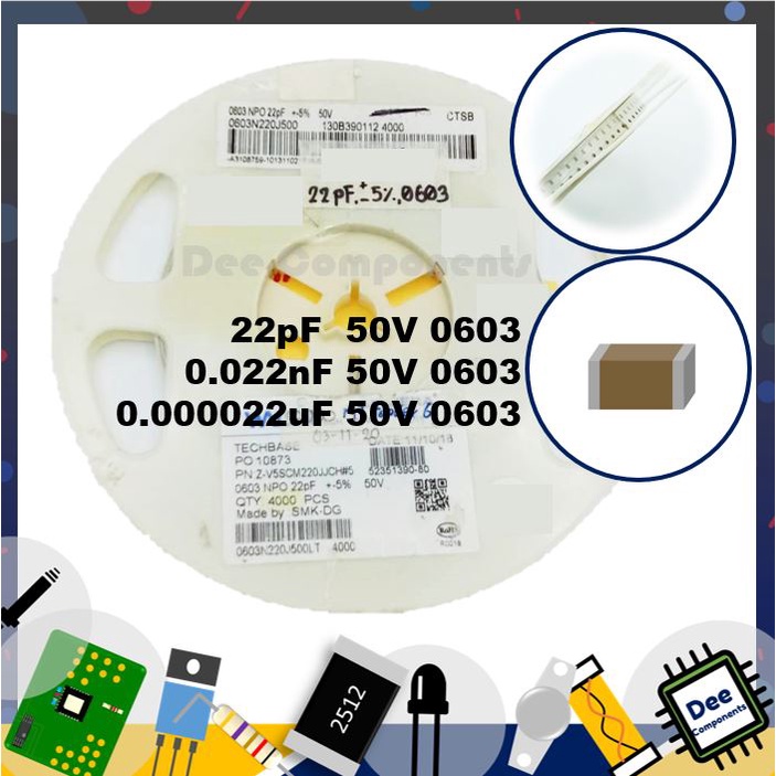 0.000022uF 0.022nF 22pF 0603 ± 5% 50V C0G 0603N220J500 2-A2-11 (1 แพ็ค มี 100 ชิ้น)