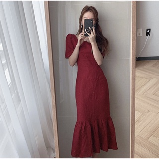 TW11057 Maxi Dress แม็กซี่เดรสคอเหลี่ยม แขนสั้น ผ้าสีพื้น งานผ้าซาร่า ชายเดรสแต่งระบาย ข้างเอวมีสายผูกโบว์ซ่อนด้านหลัง ม