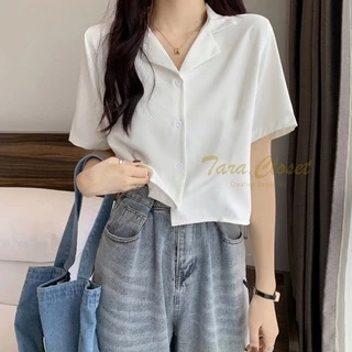 IT056 TARA Crop Top เสื้อเชิ้ต เสื้อครอป ปกฮาวาย แขนสั้น กระดุมหน้า เนื้อผ้าไหมอิตาลีอย่างดี ผ้าดี ใส่สบาย ไม่ร้อน