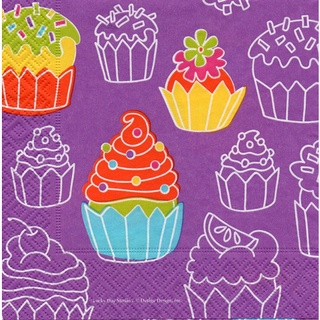 Pladao Napkin ภาพเค้ก Cupcake Crazy คัพเค้กลายเส้น พื้นม่วง กระดาษ แนพกิ้น สำหรับงานศิลปะ เดคูพาจ decoupage ขนาด L 33x33