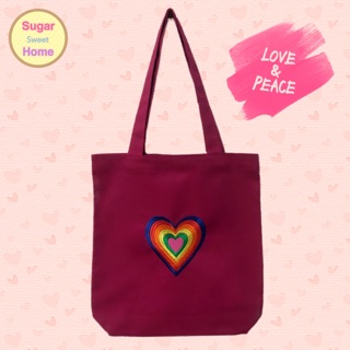 กระเป๋าผ้าแคนวาสปักลายหัวใจ (Rainbow Heart Canvas Tote Bag)