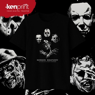 T-shirt  เสื้อยืด พิมพ์ลายฮาโลวีนสยองขวัญ RHAPSODY | Freddy KRUEGER | Jason VOORHEES | Michael MYERS | หน้าหนัง | ผ้าฝ้า