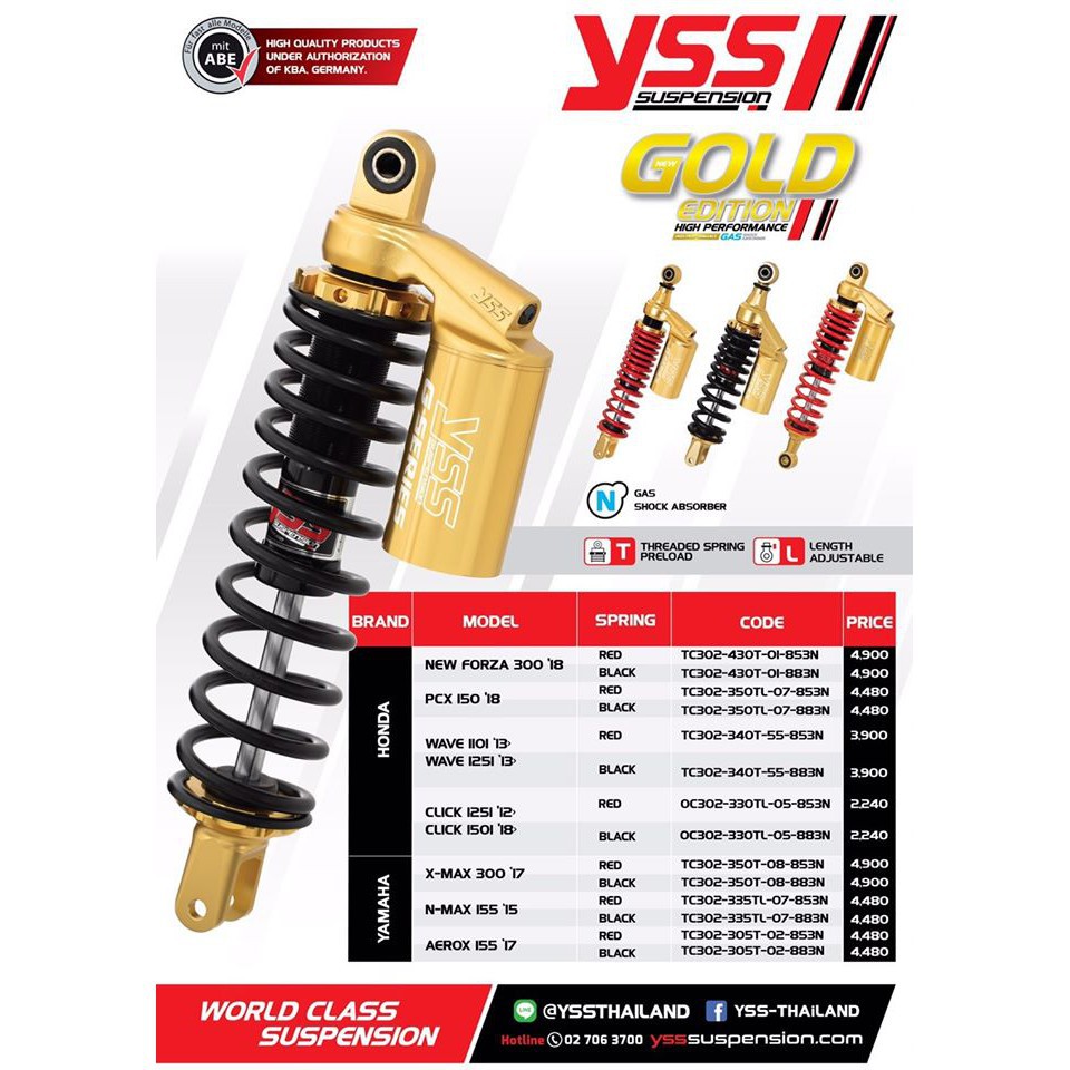 โช้คอัพ YSS G-SERIES (GOLD-EDITION) สำหรับ HONDA CLICK 125i/150i