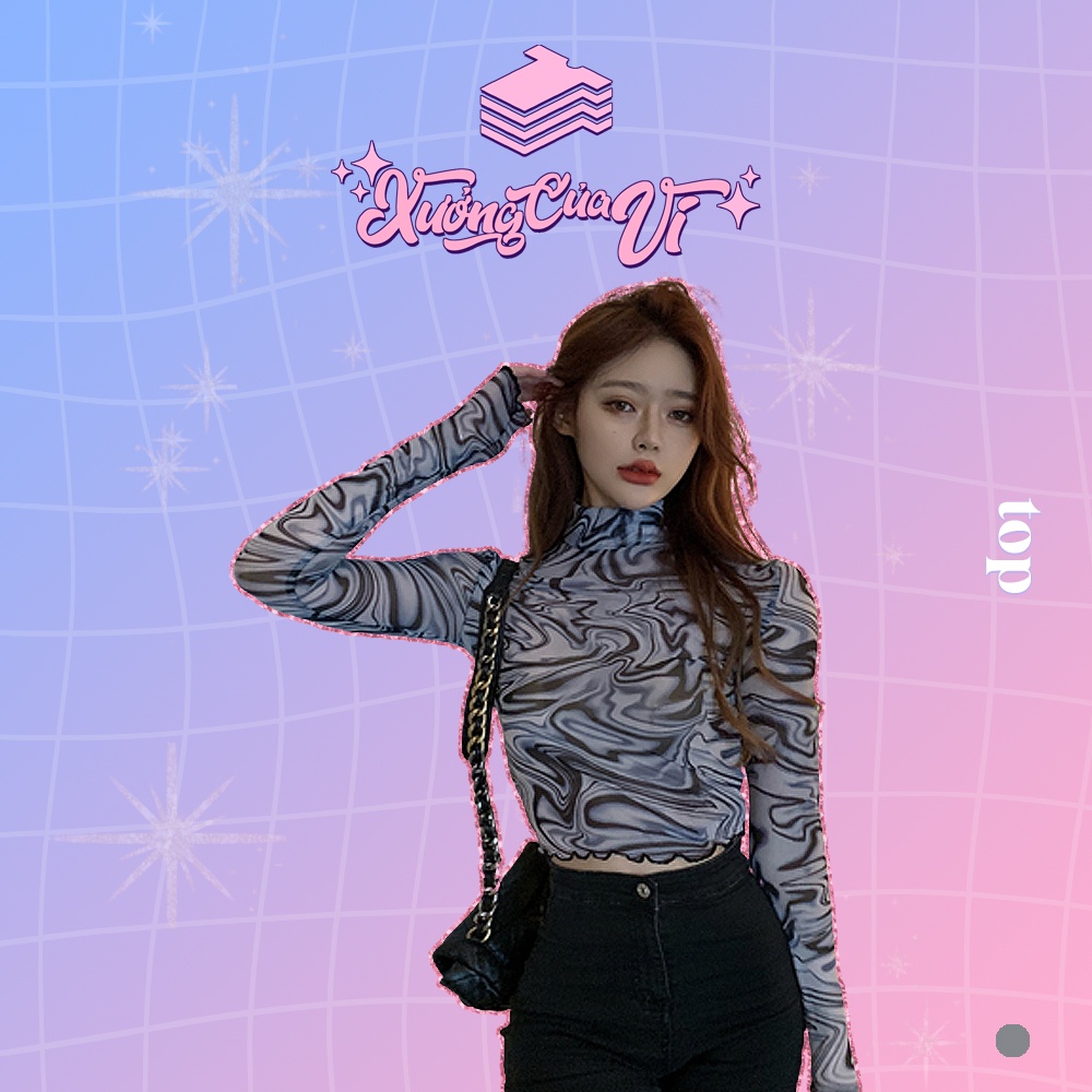 เสื้อครอปแขนยาวคอปกสูงลายหินประทับใจ ATD003 Vis Factory