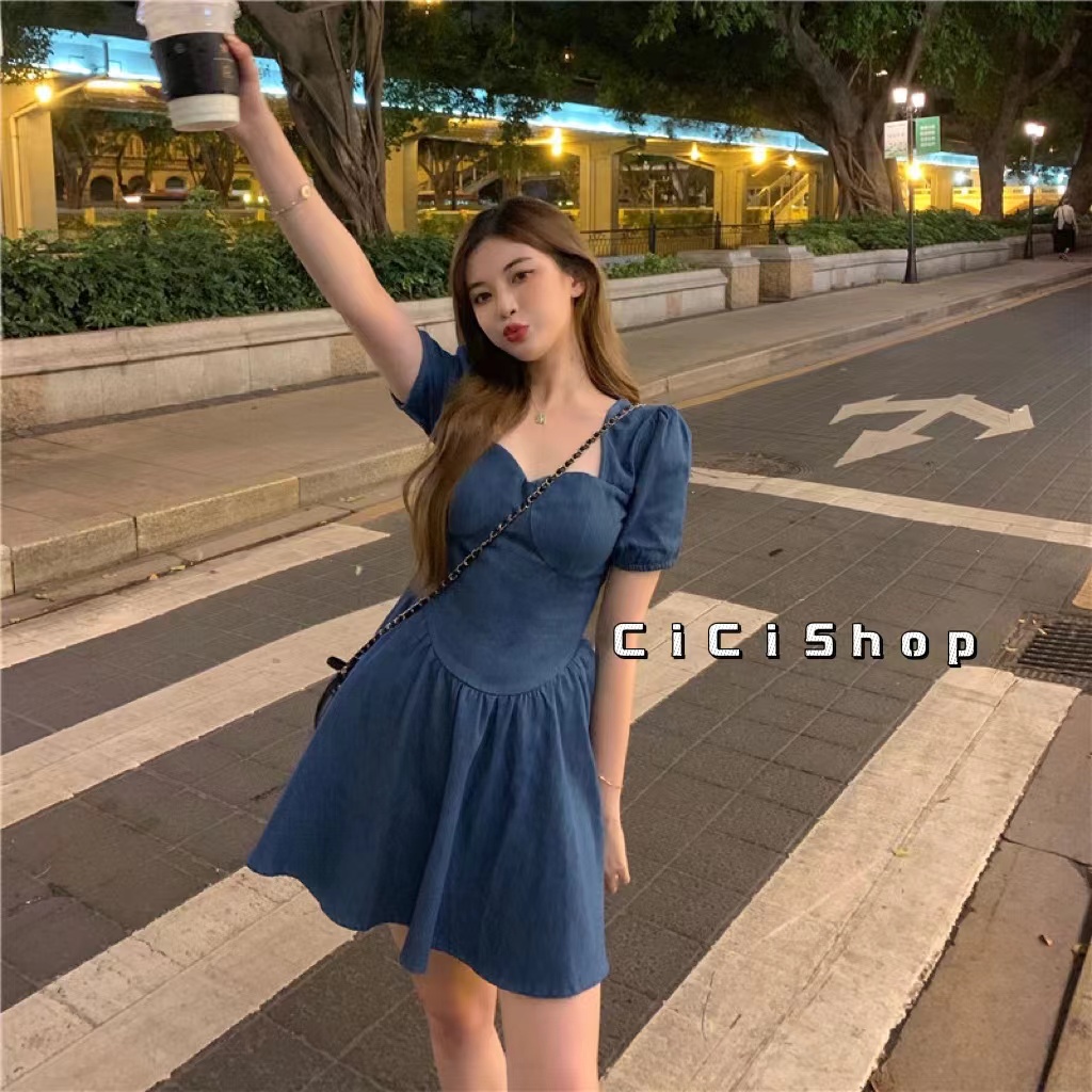 Cicishop(Q6888) Mini Dress เดรสสั้นผ้ายีนส์แขนตุ๊กตา ทรงสวยสายเกาคิ้วท์ๆ