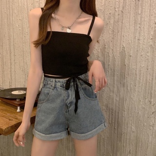 เสื้อสายเดี่ยวไหมพรม มีสายผูกเอว (สีดำ) พร้อมส่ง 🔥