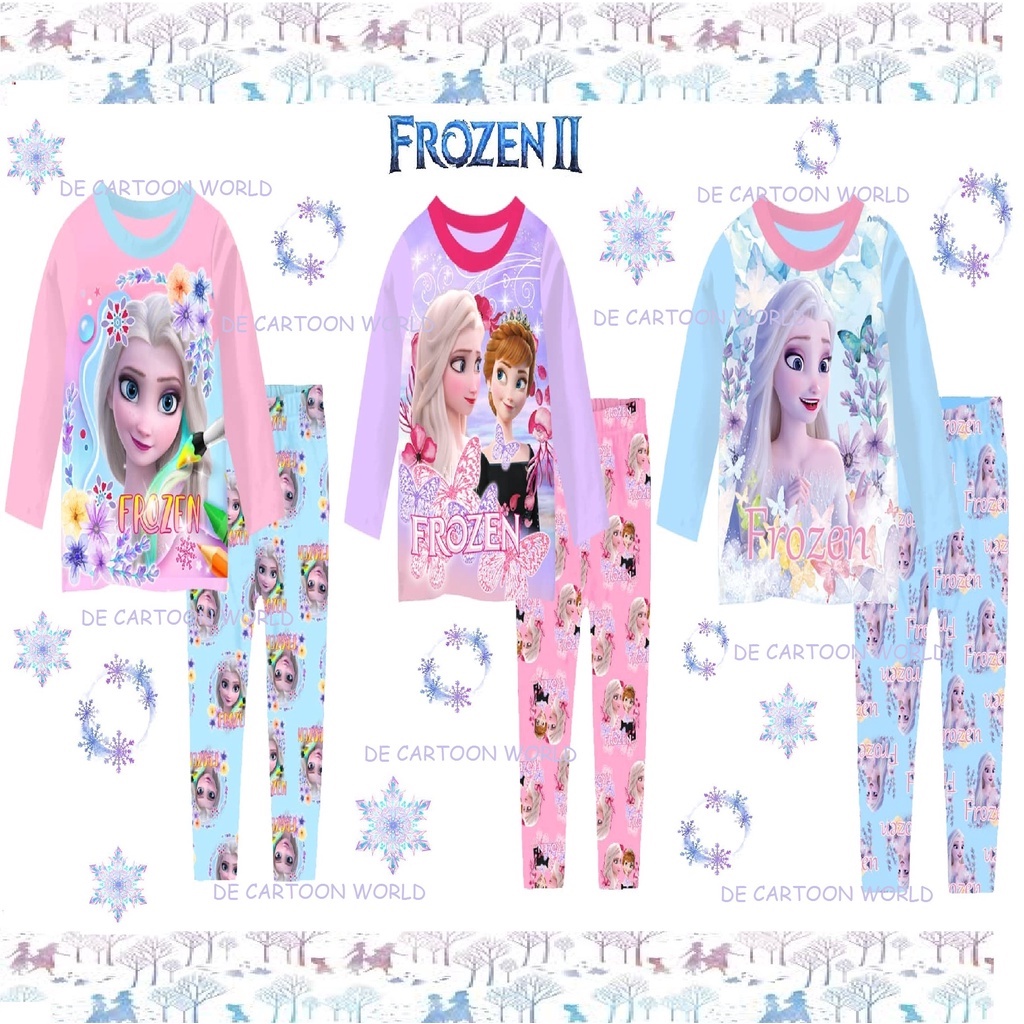 DISNEY FROZEN 2 PRINCESS ELSA & PRINCESS ANNA LONG SLEEVE PANT GIRL COTTON PYJAMAS SET/MUSLIMAH PAJA