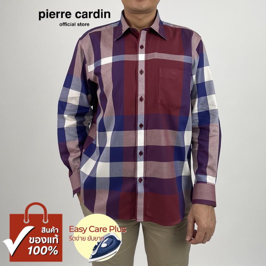 Pierre Cardin เสื้อเชิ้ตแขนยาว Easy Care Plus รีดง่ายยับยาก Basic Fit รุ่นมีกระเป๋า ผ้า Cotton 100% [RCC9749-NV]