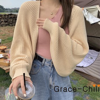 🌵Grace_chili🌵 6367 เสื้อคลุมคาร์ดิแกน เสื้อไหมพรมถักสั้น แขนยาว สไตล์หลวมๆ แฟชั่นเกาหลี