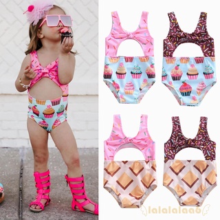 LAA6-Baby Girls One-piece Swimsuits, Biscuit/Cake Print Sleeveless V-neck Cutout Swimsuits