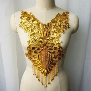 Gold Sequin Embroidery Lace Applique Sew Beading Collar Patch Wedding Gown Dress Bridal DIY Fabric