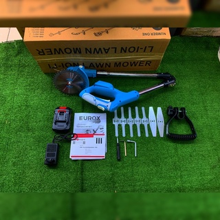 EUROX เครื่องตัดหญ้า ไร้สาย รุ่น LI-ION LAWN MOWER 21V (แบต+แท่นชาร์จ+ใบมีดเหล็ก+ใบพลาสติก+วงเดือน ) สีฟ้า พับได้