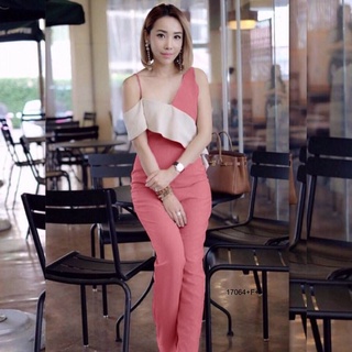 G17064 Jumpsuit จั้มสูทสายเดี่ยวไหล่เดียว อกระบายเฉียง