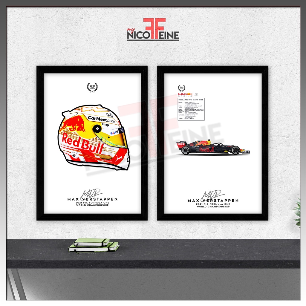 [ชุดพร้อมกรอบ] A3 SIZE 2021 Max Verstappen Redbull Racing Champion F1 Formula One Car and Helmet Min