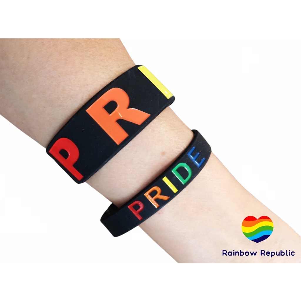 สายรัดข้อมือ สีดำ ริสแบนด์ ซิลิโคน ข้อมือ สายรัด ยาง สีรุ้ง Rainbow PRIDE LGBT Black Wristband Rubber Silicone Free Size