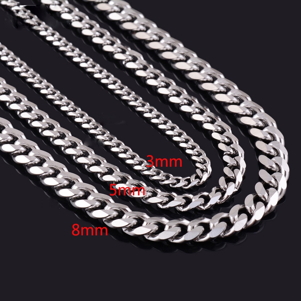 แฟชั่น Curb Cuban Mens Silver Chain สร้อยคอสแตนเลสสร้อยคอสําหรับผู้ชายแฟชั่นเครื่องประดับ 3/5/8 มม.