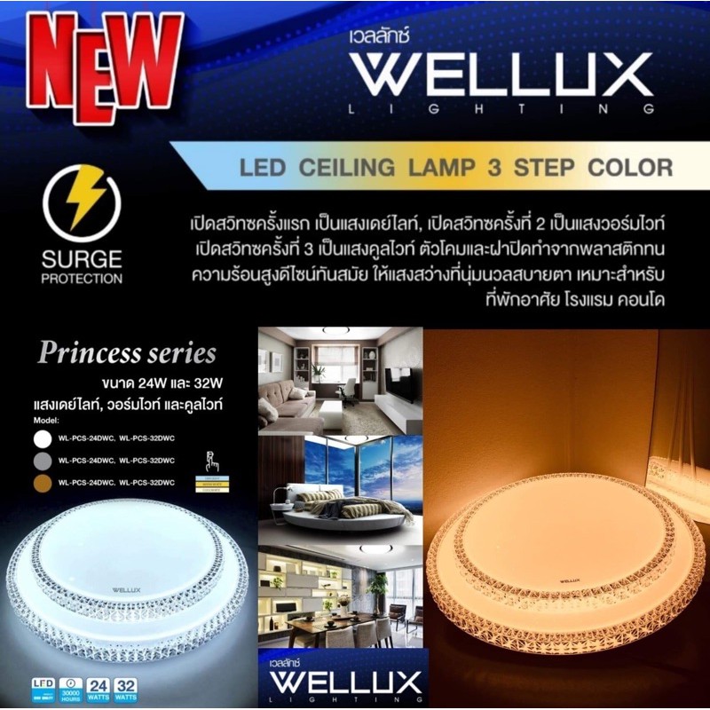 โคมไฟเพดานสุดหรู WELLUX LED แสง 3สี รุ่น Princess series แสงเดย์ไลท์, วอร์มไวท์ และคูลไวท์