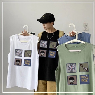 เสื้อแขนกุดชายเกาหลี ทรงหลวม เสื้อลายการ์ตูนผู้ชาย แฟชั่นฤดูร้อนเสื้อยืดแขนกุด oversize สวมใส่สบาย