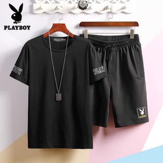 PLAYBOY ฤดูร้อนผู้ชายสั้นแขนสั้นกางเกงขาสั้นเสื้อยืดกางเกงขาสั้นสองชิ้นชุดลำลอง (M-3XL)