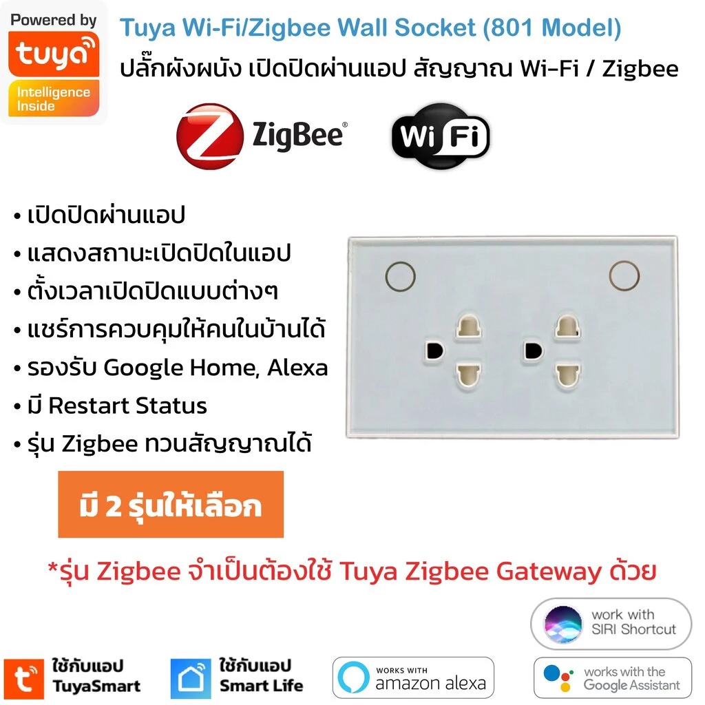 Tuya สมาร์ทปลั๊กฝังผนัง Wi-Fi/Zigbee เปิดปิด ตั้งเวลาผ่านแอป (801) รองรับ Google Home/Alexa-Wall Socket