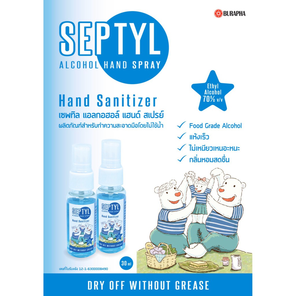 แอลกอฮอล์สเปรย์  70% Septyl Alcohol Hand Spray 30 ml [ Food grade!! ] Exp 31/01/2028