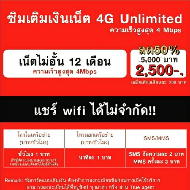ซิมเน็ตทรู 4Mbps unlimited เน็ตไม่อั้น ไม่ลดสปีด