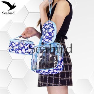 Seabird กระเป๋า กระเป๋าเล็ก 3ชิ้นชุด กระเป๋าเครื่องสำอาง กระเป๋าลายดอกไม้ กระเป๋าสีน้ำเงิน กระเป๋าผ้า กระเป่าคล้องแขน