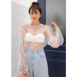 พร้อมส่ง! เสื้อซีทรูผ้าตาข่ายเนื้อนิ่ม โอเวอร์ไซส์ ลายดอกไม้, Oversized see through mesh shirt