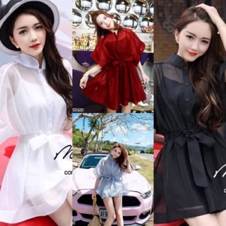 Set 2 ชิ้น เดรสเชิ้ตผ้าชีฟองซีทรู