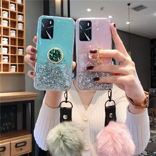 เคสโทรศัพท์ OPPO Reno6 Z 5G Reno5 Pro Reno 5 4 Pro 4Z 2F 2 10X zoom Phone Case Luxury Rhinestone Ring Holder Strap Fur Ball Clear Star Space TPU Soft Cover Reno6Z