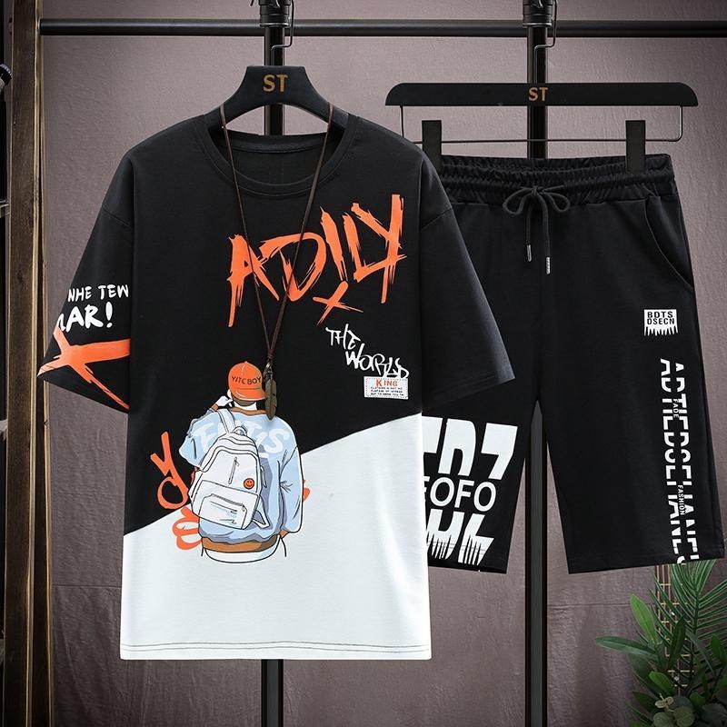 เสื้อยืดแขนสั้นลําลอง ทรงหลวม และกางเกงขาสั้น ขนาดใหญ่ แฟชั่นสปอร์ต สําหรับผู้ชาย ไซซ์ M - 5XL