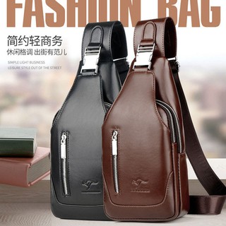 กระเป๋าสะพายหนังผู้ชายกระเป๋าหน้าอกหูฟังภายนอกกระเป๋า crossbody