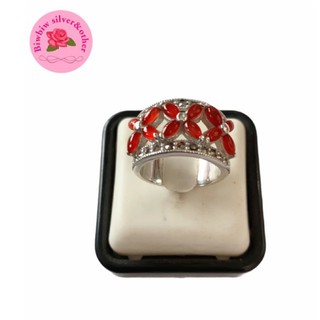 แหวนเงินแท้925 ประดับมาร์คาไซท์และออนิกซ์(Marcasite Ring with Red Agate)