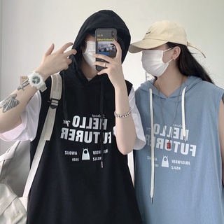 ❣เสื้อคลุมมีฮู้ดแขนกุดผู้ชายฤดูร้อนกีฬาฟิตเนสเสื้อบาสเกตบอลเสื้อยืดแบรนด์น้ำหลวมสบายๆเสื้อคู่