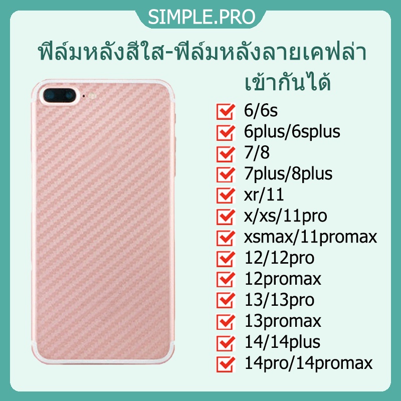 ฟิล์มหลังสีใส สำหรับ iPhone15 14promax 14 13 12 11 15 XS X XR 8plus 7plus 8 7 6s 6 ฟิล์มหลังลายเคฟล่า