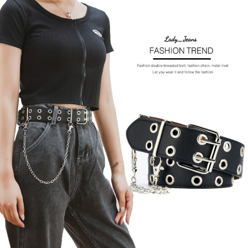 Lady_jeans (โค้ด LADYJMAY ลด 15%)เข็มขัดหนังPU เข็มขัดตาไก่ ผู้หญิงผู้ชาย ความยาว 100 ซม.