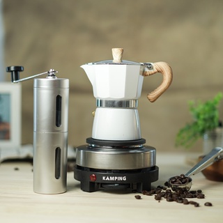 KAMPING (สีขาว)หม้อต้มกาแฟสด มอคค่าพอท + เตาไฟฟ้ามินิ 500W + เครื่องบดมือหมุน + ช้อนตัก